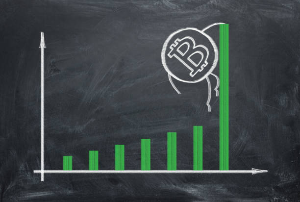 istock Growing graph of bitcoin (BTC) with green japanese candles on chalkboard. 1140802059