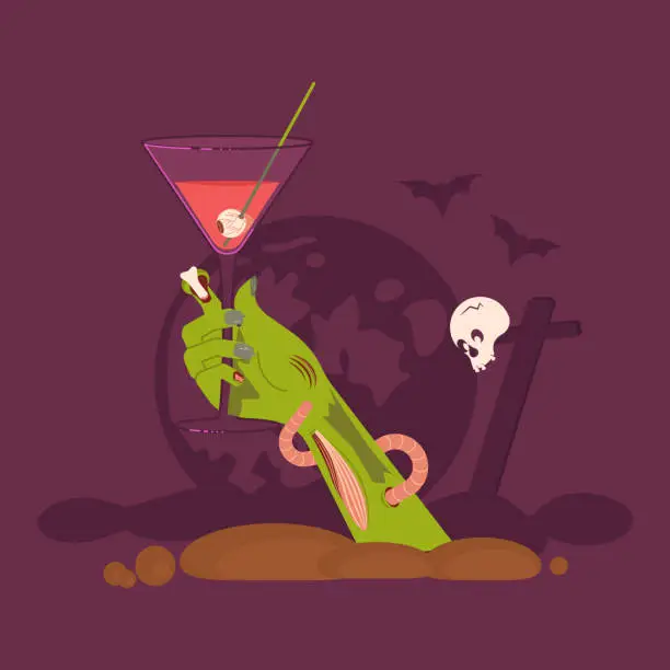 Vector illustration of Green Zombie Hand holding a Cocktail