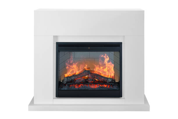 istock White wooden burning fireplace with roaring flames. Isolated on white background, clipping path included. Fireplace as a piece of furniture 1140816300