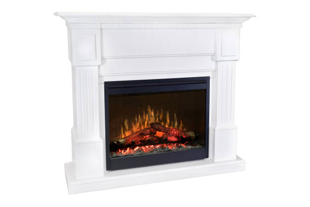istock White wooden burning fireplace with roaring flames, classic elegant design. Isolated on white background, clipping path included. Fireplace as a piece of furniture 1140816355
