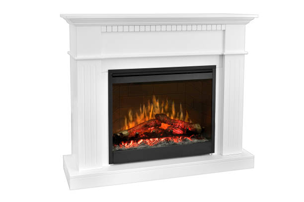 istock White wooden fireplace with roaring flames, classic elegant design. Isolated on white background, clipping path included. Fireplace as a piece of furniture 1140816377