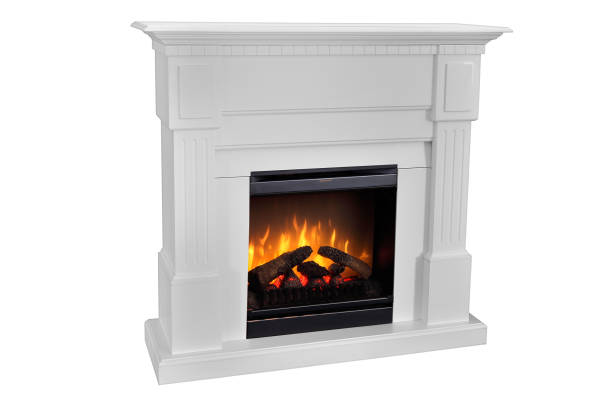 istock White wooden fireplace with roaring flames, classic elegant design. Isolated on white background, clipping path included. Fireplace as a piece of furniture 1140816391