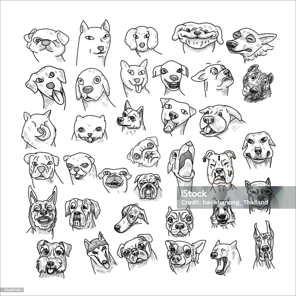 Hand drawn of dogs head set isolated on white background. Hand drawn of dogs head set isolated on white background. Caricature cartoon of dogs, vector illustration. Dog stock vector