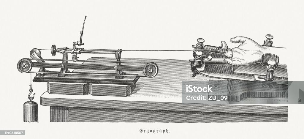 Ergograph, invented (1890) by Angelo Mosso, wood engraving, punlished 1898 The Mosso Ergograph - invented (1890) by Angelo Mosso (Italian physiologist, 1846 - 1910) to measure the optimum stage of muscular performance in human beings. Mossos's main interest in the instrument was because of its potential to measure fatigue. The Mosso Ergograph was, however, deemed too problematic and was phased out of physiological research early in the 20th century. Wood engraving, published in 1898. Hand stock illustration