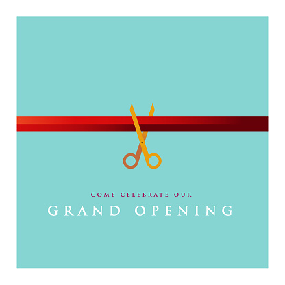 Vector of grand opening design template with gold colored scissors and ribbon on green color background. EPS ai 10 file format.