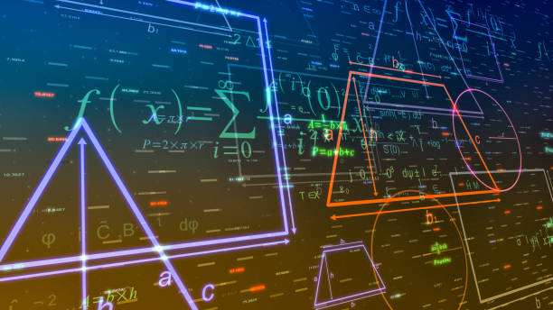 math and geometry concept geometric shapes and formulas, abstract background (3d render) mathematical symbol stock pictures, royalty-free photos & images