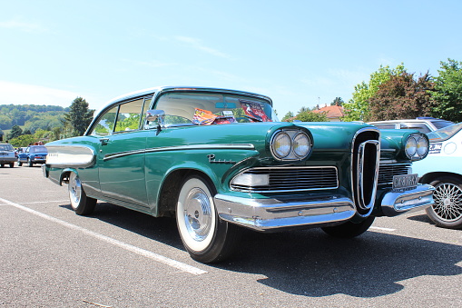 Blue green classic car EDSEL Pacer in Exhibition in St Pierre de Chandieu city named as Aïeules de la Route in May 2018 - Front of the car