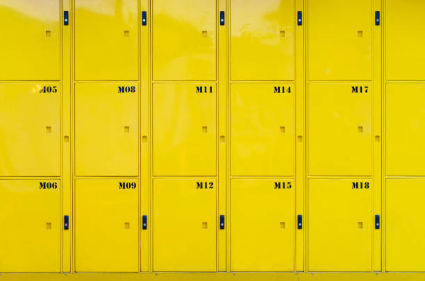 facade view of lockers in school gym painted in brown color