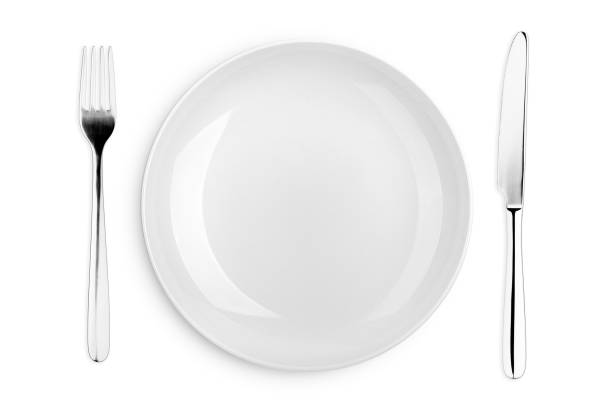 빈 플레이트, 포크, 나이프, 클리핑 경로, 흰색 배경, 고립 된, 평면도 - plate silverware fork table knife 뉴스 사진 이미지