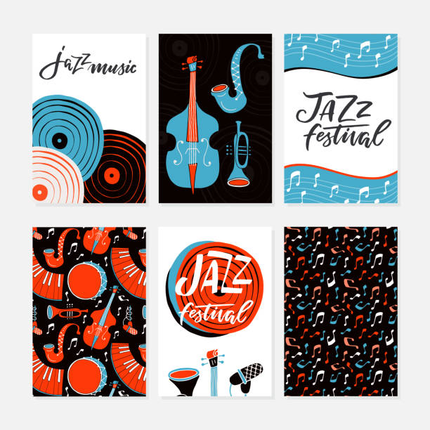 illustrazioni stock, clip art, cartoni animati e icone di tendenza di poster del festival jazz, volantini, striscioni, modello di biglietti d'auguri - trumpet musical instrument music brass