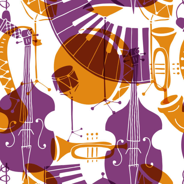 Seamless pattern with music instruments Vector Seamless pattern with music instruments - trombone, trumpet, double bass, saxophone, bass drum and snare drum. Perfect for wallpaper, music festival posters and jazz concerts. bass guitar wallpaper stock illustrations