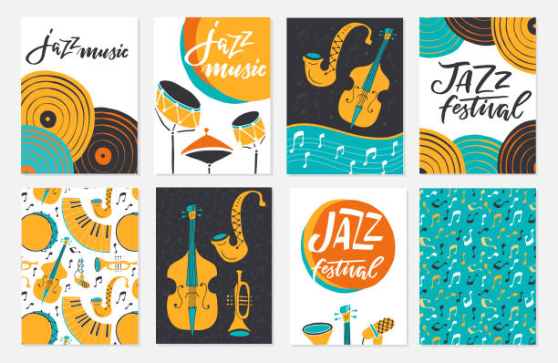 Jazz festival posters, flyers, banners, greeting cards template Vector set of Jazz festival posters, flyers, banners, greeting cards template. Saxophone, double bass, piano, trumpet, bass drum and snare drum. Perfect for music events, jazz concerts. music loop stock illustrations