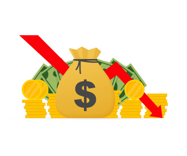 ilustrações de stock, clip art, desenhos animados e ícones de money loss. cash with down arrow stocks graph, concept of financial crisis, market fall, bankruptcy. vector illustration. - moving down dollar decline graph