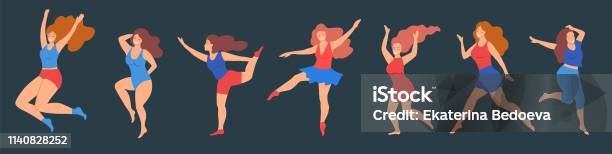 Set Of Happy Plus Size Women Dancing Smiling Posing Isolated On Dark Background Body Positive Girls Stock Illustration - Download Image Now