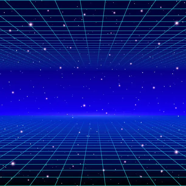 Vector illustration of Retro neon background with 80s styled laser grid and stars