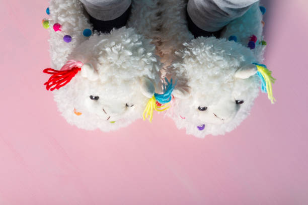 istock Young girl is wearing cute soft 3d llama slippers 1140828551