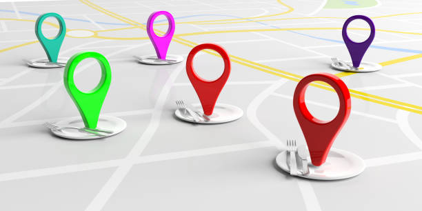 Restaurants in the city, food concept. Location pointers and table settings on city map background. 3d illustration