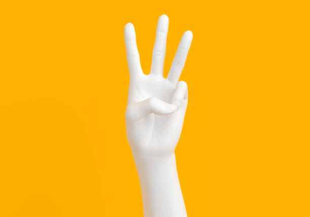 istock Three fingers hand gesture, white arm showing number 3, 3d rendering 1140830827