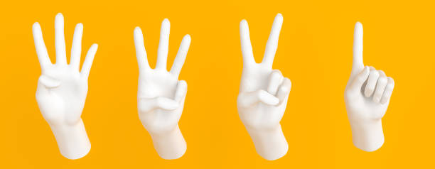 one, two, three, four fingers hand gesture, number 1, 2, 3, 4 arm sculptures isolated on yellow, 3d rendering, - sculpture art abstract white imagens e fotografias de stock