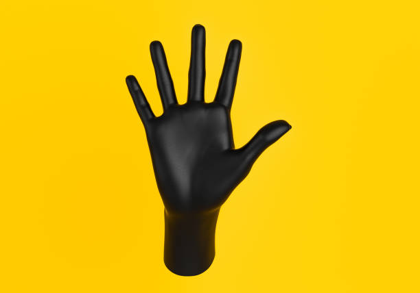 istock Five fingers opened palm gesture black hand on yellow, 3d rendering 1140831433