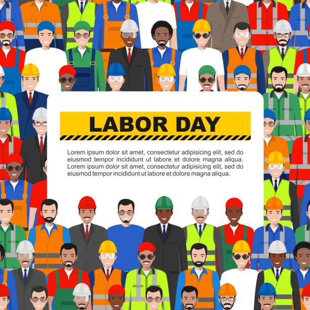 Labor day. Group of worker, builder and engineer standing together on white background in flat style. Working team and teamwork concept. Vector seamless pattern. Different nationalities and uniforms. Vector seamless pattern. Labor day. Group of working people isolated on white background. Set of diverse worker, builder and engineer standing together. Different nationalities and dress styles. construction hiring stock illustrations