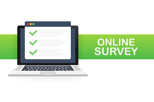 Online survey, checklist, questionnaire icon. Laptop, Computer screen. Feedback business concept. Vector illustration.