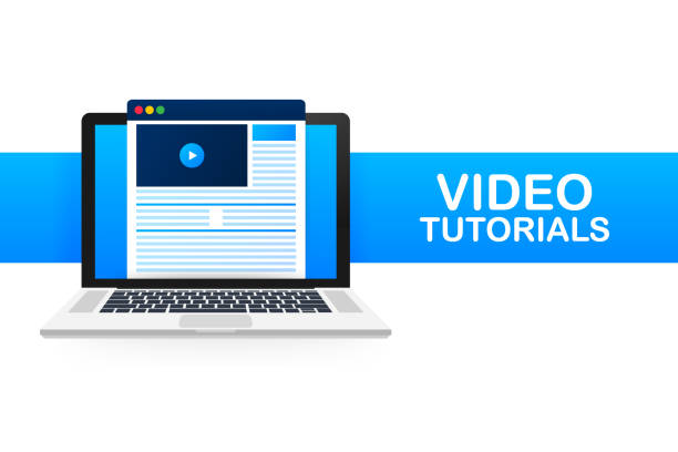 ilustrações, clipart, desenhos animados e ícones de conceito video do ícone dos tutoriais. estudo e aprendizagem de fundo, educação à distância e crescimento do conhecimento. vídeo conferência e webinar ícone, internet e vídeo serviços. ilustração do vetor. - movie location