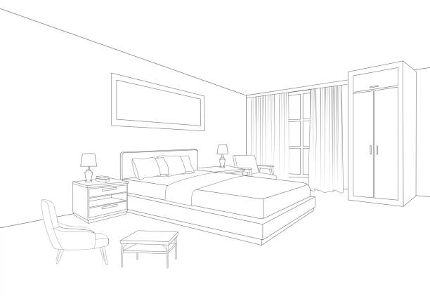 ilustrações de stock, clip art, desenhos animados e ícones de bedroom furniture interior. room line sketch drawing. home indoor design. perspective of a interior space - plan house home interior planning