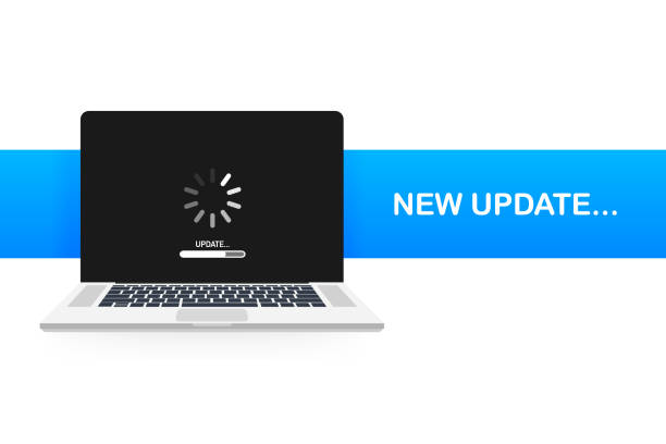 시스템 소프트웨어 업데이트, 데이터 업데이트 또는 화면에서 진행률 표시줄과 동기화. 벡터 일러스트 - installing stock illustrations