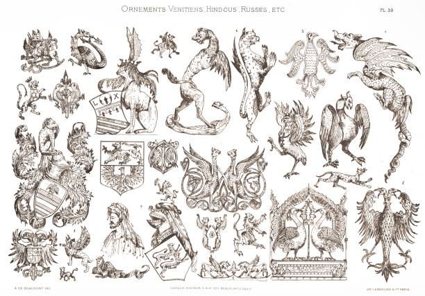illustrations, cliparts, dessins animés et icônes de divers armoiries. des ornements vénitiens 1883 - salamandre