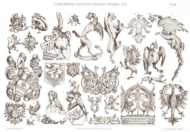 Various coats of arms. From Venetian Ornaments 1883 France, Venice, silverware, jewelry, coat of arms etc. michelangelo stock illustrations