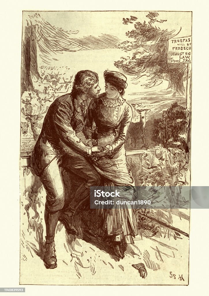 Young Victorian couple in love, 19th Century engraving Vintage engraving of a Young Victorian couple in love. A man of his word, by Sydney P Hall, 1884, 19th Century 1880-1889 stock illustration