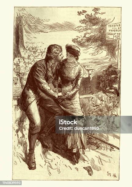 Young Victorian Couple In Love 19th Century Engraving Stock Illustration - Download Image Now