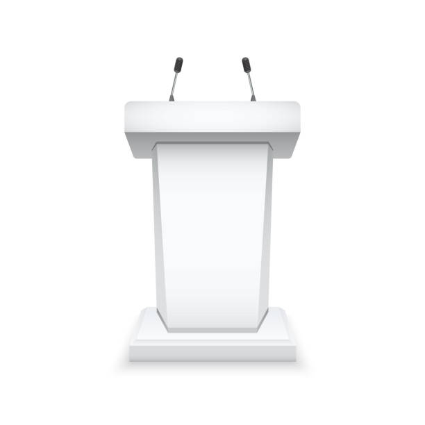 istock White podium tribune with microphones. Isolated tribune mockup. Vector illustration. 1140840654