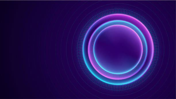 Neon circle with dots light effect on black background. Modern round frame with empty space for text for advertising, banner, card. Vector illustration. Neon circle with dots light effect on black background. Modern round frame with empty space for text for advertising, banner, card neon circle glow stock illustrations