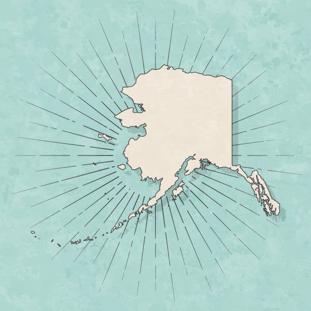 Alaska map in retro vintage style - Old textured paper Map of Alaska in a trendy vintage style. Beautiful retro illustration with old textured paper and light rays in the background (colors used: blue, green, beige and black for the outline). Vector Illustration (EPS10, well layered and grouped). Easy to edit, manipulate, resize or colorize. alaska us state illustrations stock illustrations