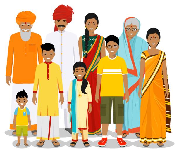 Family And Social Concept Indian Person Generations At Different Ages Set  Of People In Traditional National Clothes Grandmother Grandfather Father  Mother Boy Girl Standing Together Vector Stock Illustration - Download  Image Now -