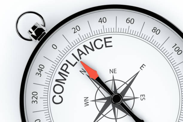 Compass Arrow Pointing to Compliance Compass, Arrow, Quality, Business, Compliance, white background obedience stock pictures, royalty-free photos & images