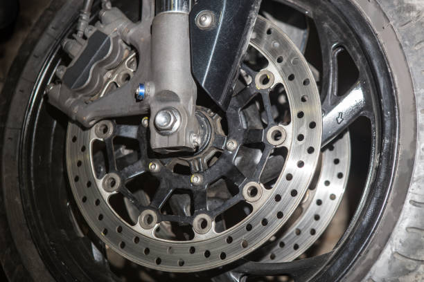 istock Brake disc on the front wheel of a motorcycle. 1140843004