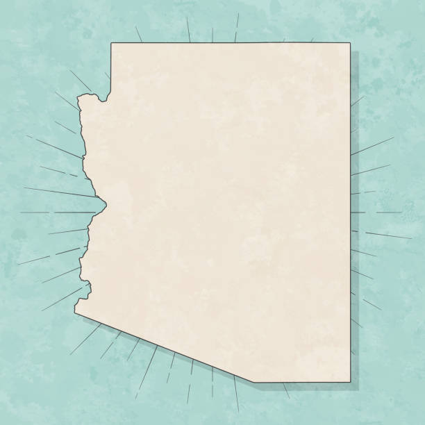 Map of Arizona in a trendy vintage style. Beautiful retro illustration with old textured paper and light rays in the background (colors used: blue, green, beige and black for the outline). Vector Illustration (EPS10, well layered and grouped). Easy to edit, manipulate, resize or colorize.