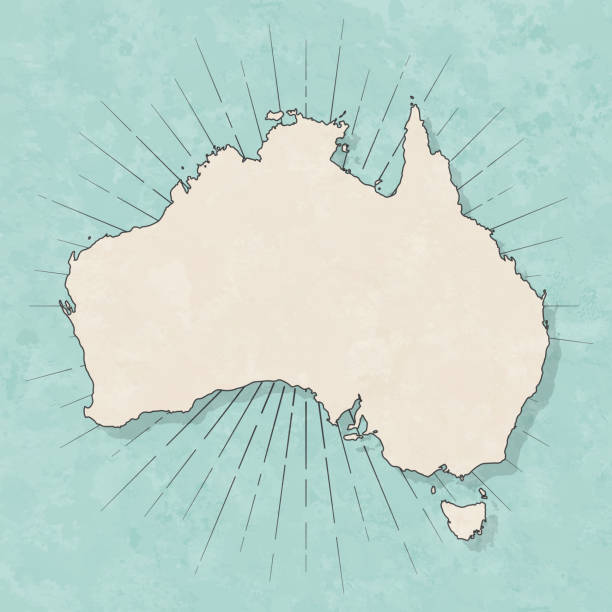 Map of Australia in a trendy vintage style. Beautiful retro illustration with old textured paper and light rays in the background (colors used: blue, green, beige and black for the outline). Vector Illustration (EPS10, well layered and grouped). Easy to edit, manipulate, resize or colorize.