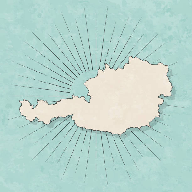 Map of Austria in a trendy vintage style. Beautiful retro illustration with old textured paper and light rays in the background (colors used: blue, green, beige and black for the outline). Vector Illustration (EPS10, well layered and grouped). Easy to edit, manipulate, resize or colorize.