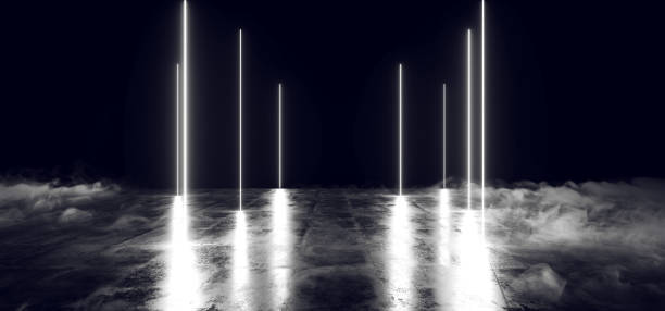 istock Smoke Dark Empty Black Neon Glowing Laser Fluorescent Virtual Reality White Led Lights On Grunge Concrete Reflective Floor Empty Hall Room Tunnel 3D Rendering 1140846678