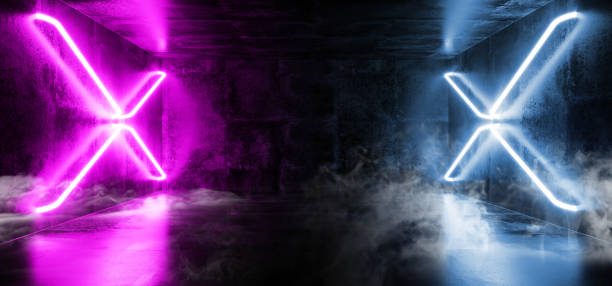 istock Smoke Dark Sci Fi Futuristic Virtual Reality Stage Empty Hall Garage Hall Room Tunnel Glowing Lasers Neon Fluorescent Cross Shaped Lights  Blue Purple Grunge Concrete 3D Rendering 1140846710