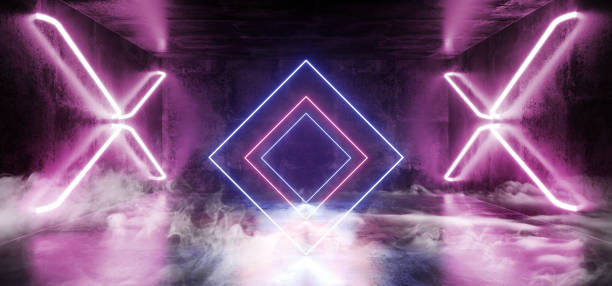 istock Smoke Dark Sci Fi Futuristic Virtual Reality Stage Empty Hall Garage Hall Room Tunnel Glowing Lasers Neon Fluorescent Cross Shaped Lights Rectangle Purple Blue Grunge Concrete 3D Rendering 1140846848