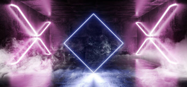 istock Smoke Dark Sci Fi Futuristic Virtual Reality Stage Empty Hall Garage Hall Room Tunnel Glowing Lasers Neon Fluorescent Cross Shaped Lights Rectangle Purple Blue Grunge Concrete 3D Rendering 1140846982