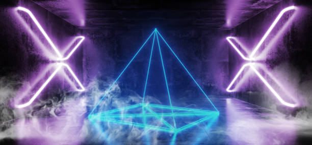 istock Smoke Dark Sci Fi Futuristic Virtual Reality Stage Empty Hall Garage Hall Room Tunnel Glowing Lasers Neon Fluorescent Cross Shaped Lights Pyramid Triangle Purple Blue Grunge Concrete 3D Rendering 1140847025