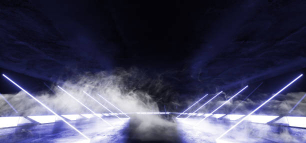 istock Smoke Tilted Lines Construction Stage Virtual Reality Neon Glowing Violet Blue Sci Fi Futuristic Modern Retro Alien Spaceship Corridor Tunnel Fluorescent Lasers Led Lights On Concrete Floor Reflections 3D Rendering 1140847092