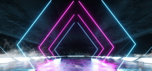 istock Smoke Triangle Construction Stage Virtual Reality Neon Glowing Purple Blue Sci Fi Futuristic Modern Retro Alien Spaceship Corridor Tunnel Fluorescent Lasers Led Lights On Concrete Floor Reflections 3D Rendering 1140847103