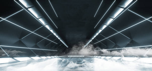 istock Smoke Virtual Reality Neon Glowing Blue Sci Fi Futuristic Modern Retro Alien Spaceship Corridor Tunnel Fluorescent Lasers Led Lights On Concrete Floor Reflections Underground 3D Rendering 1140847807